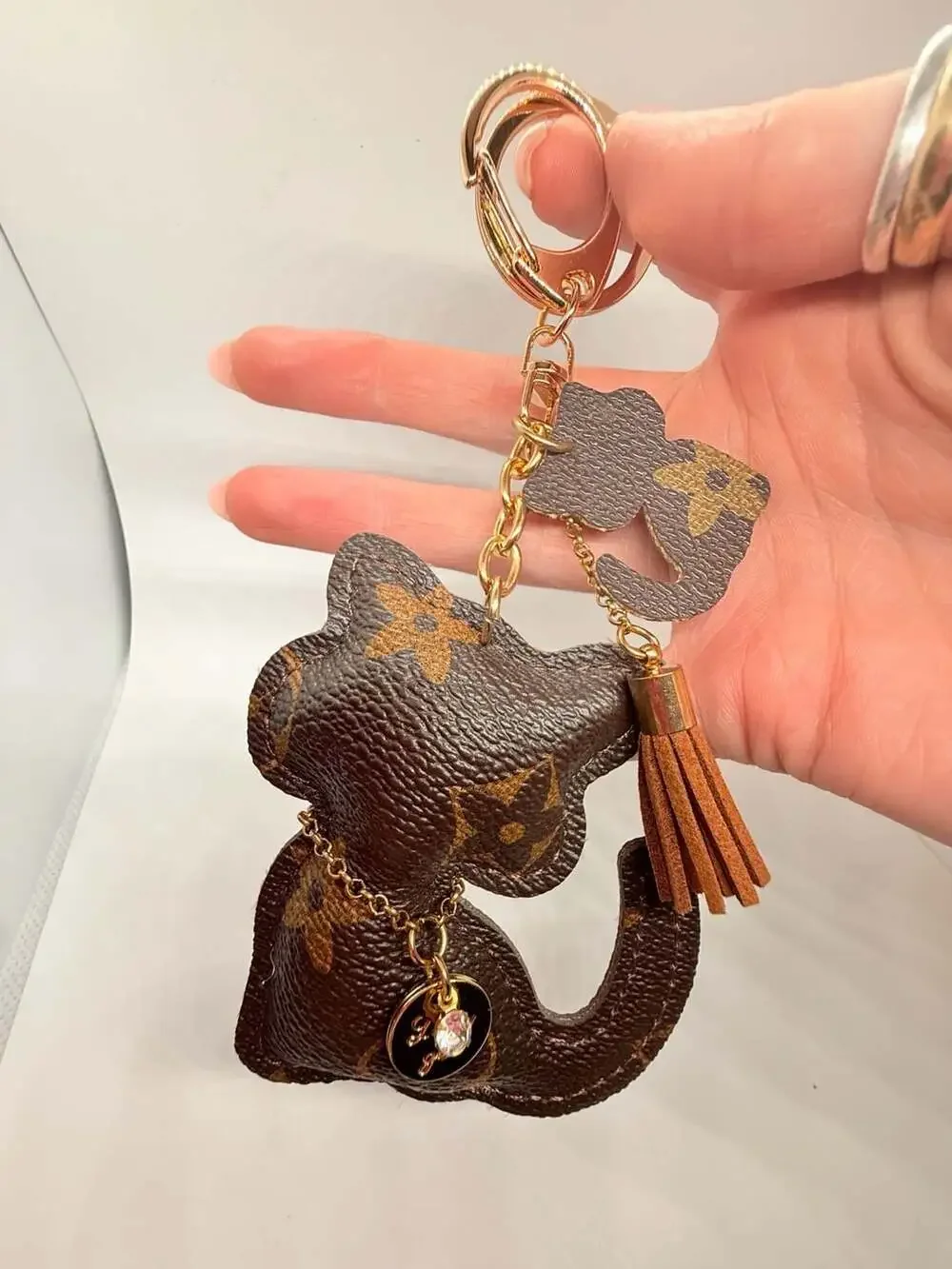 Unbranded Cat Keychain Monogram PU Leather Tassel Pendant Brown